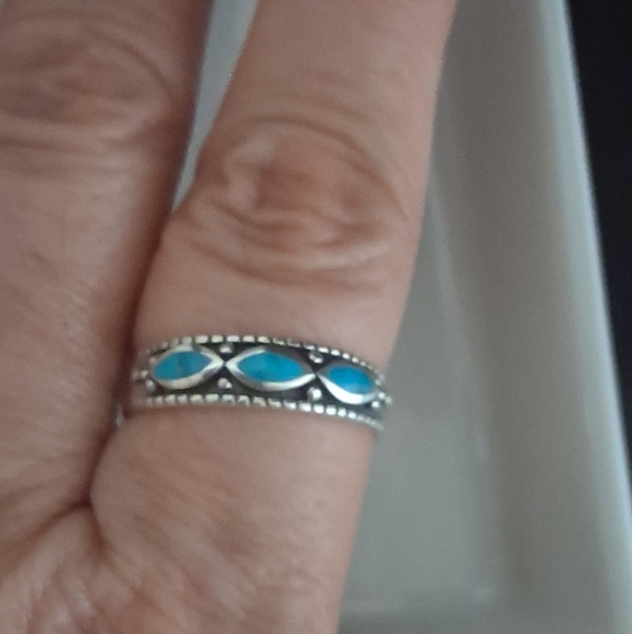 TURQUOISE INLAY STACKER BAND RING 925 STERLING SILVER SIZE 9 - Picture 3 of 5